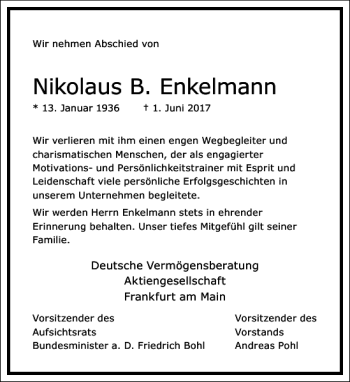 Traueranzeige von Nikolaus B. Enkelmann von Frankfurter Allgemeine Zeitung