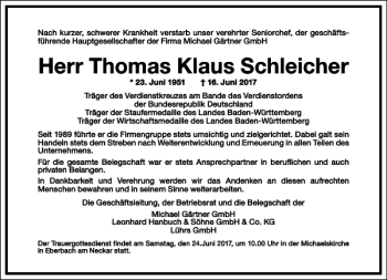 Traueranzeige von Thomas Klaus Schleicher von Frankfurter Allgemeine Zeitung