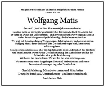 Traueranzeige von Wolfgang Matis von Frankfurter Allgemeine Zeitung