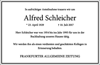 Traueranzeige von Alfred Schleicher von Frankfurter Allgemeine Zeitung