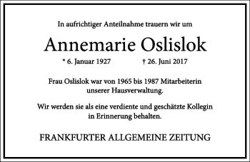 Traueranzeige von Annemarie Oslislok von Frankfurter Allgemeine Zeitung