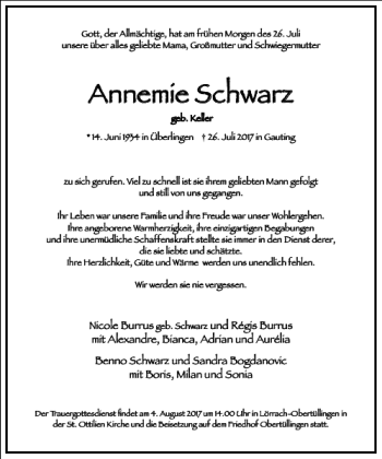 Traueranzeige von Annemie Schwarz von Frankfurter Allgemeine Zeitung