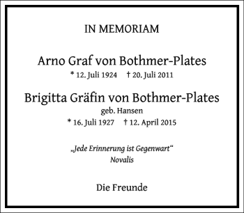 Traueranzeige von Arno Graf von Bothmer-Plates Brigitta Gräfin von Bothmer-Plates  von Frankfurter Allgemeine Zeitung