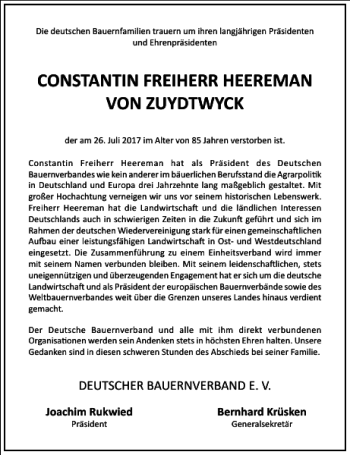 Traueranzeige von CONSTANTIN FREIHERR HEEREMAN VON ZUYDTWYCK von Frankfurter Allgemeine Zeitung