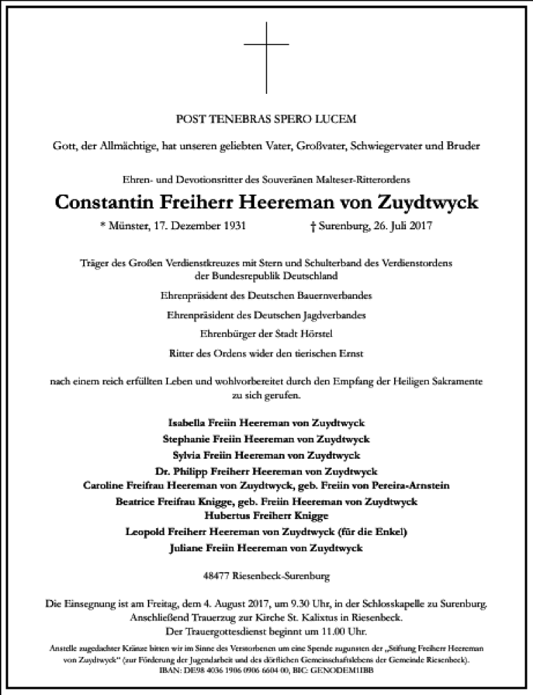  Traueranzeige für Constantin Freiherr Heereman von Zuydtwyck vom 29.07.2017 aus Frankfurter Allgemeine Zeitung