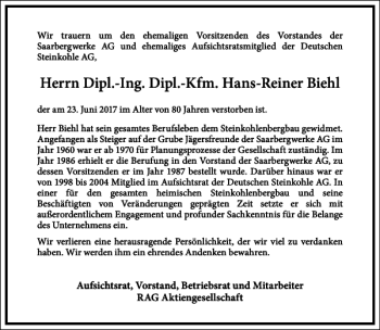 Traueranzeige von Dipl.-Ing. Dipl.-Kfm. Hans-Reiner Biehl von Frankfurter Allgemeine Zeitung