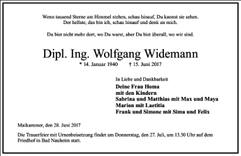 Traueranzeige von Dipl. Ing. Wolfgang Widemann von Frankfurter Allgemeine Zeitung