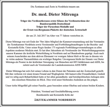 Traueranzeige von Dr. med. Dieter Mitrenga von Frankfurter Allgemeine Zeitung