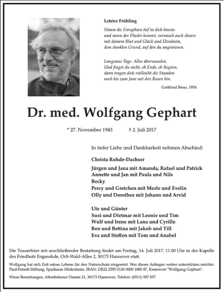  Traueranzeige für Dr. med. Wolfgang Gephart vom 08.07.2017 aus Frankfurter Allgemeine Zeitung