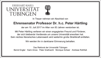Traueranzeige von Ehrensenator Professor Dr. h. c. Peter Härtling  von Frankfurter Allgemeine Zeitung