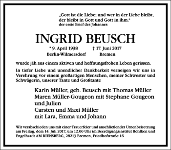 Traueranzeige von INGRID BEUSCH von Frankfurter Allgemeine Zeitung