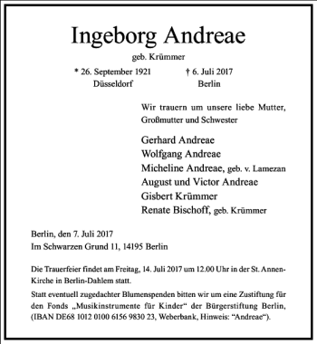 Traueranzeige von Ingeborg Andreae von Frankfurter Allgemeine Zeitung