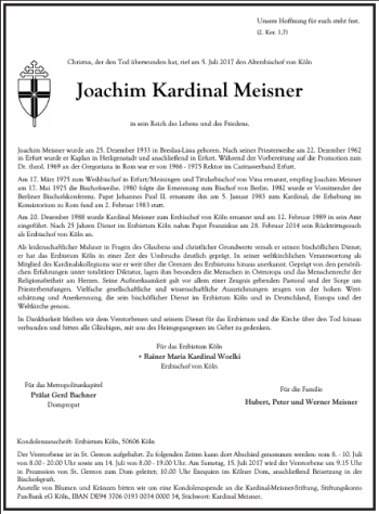 Traueranzeige von Joachim Kardinal Meisner von Frankfurter Allgemeine Zeitung