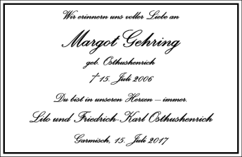 Traueranzeige von Margot Gehring von Frankfurter Allgemeine Zeitung