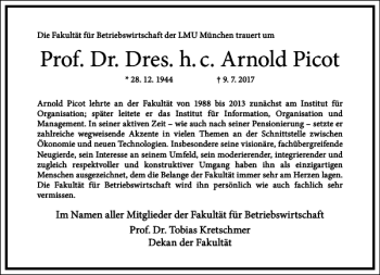 Traueranzeige von Prof. Dr. Dres. h. c. Arnold Picot  von Frankfurter Allgemeine Zeitung