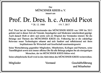 Traueranzeige von Prof. Dr. Dres. h. c. Arnold Picot  von Frankfurter Allgemeine Zeitung