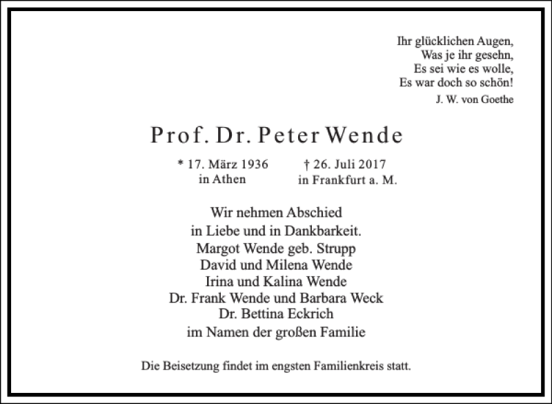  Traueranzeige für Prof. Dr. Peter Wende vom 29.07.2017 aus Frankfurter Allgemeine Zeitung