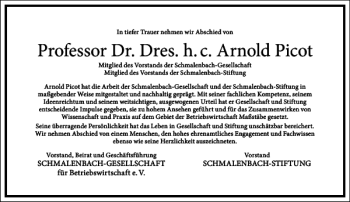 Traueranzeige von Professor Dr. Dres. h. c. Arnold Picot  von Frankfurter Allgemeine Zeitung
