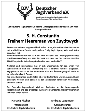 Traueranzeige von S. H. Constantin Freiherr Heereman von Zuydtwyck  von Frankfurter Allgemeine Zeitung