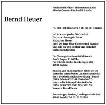 Traueranzeige von Bernd Heuer von Frankfurter Allgemeine Zeitung