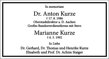 Traueranzeige von Dr. Anton Kurze Marianne Kurze von Frankfurter Allgemeine Zeitung