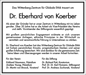 Traueranzeige von Dr. Eberhard von Koerber von Frankfurter Allgemeine Zeitung