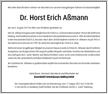 Traueranzeige von Dr. Horst Erich Aßmann von Frankfurter Allgemeine Zeitung