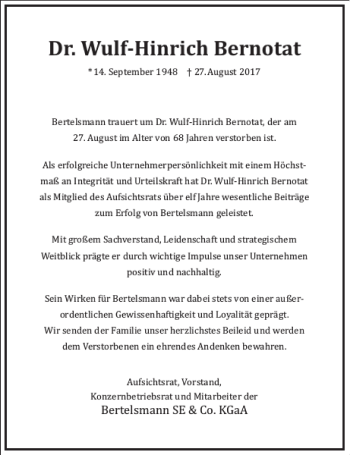 Traueranzeige von Dr. Wulf-Hinrich Bernotat von Frankfurter Allgemeine Zeitung