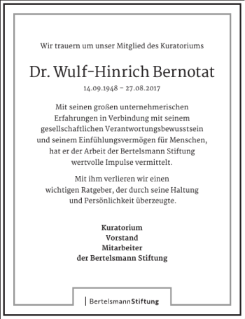 Traueranzeige von Dr. Wulf-Hinrich Bernotat von Frankfurter Allgemeine Zeitung