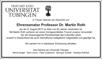 Traueranzeige von Ehrensenator Professor Dr. Martin Roth von Frankfurter Allgemeine Zeitung