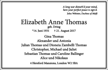 Traueranzeige von Elizabeth Anne Thomas von Frankfurter Allgemeine Zeitung