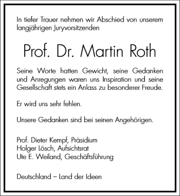 Traueranzeige von Prof. Dr. Martin Roth von Frankfurter Allgemeine Zeitung