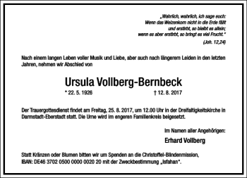 Traueranzeige von Ursula Vollberg-Bernbeck von Frankfurter Allgemeine Zeitung