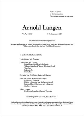 Traueranzeige von Arnold Langen von Frankfurter Allgemeine Zeitung