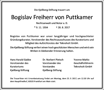 Traueranzeige von Bogislav Freiherr von Puttkamer von Frankfurter Allgemeine Zeitung