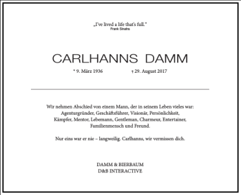 Traueranzeige von CARLHANNS DAMM von Frankfurter Allgemeine Zeitung