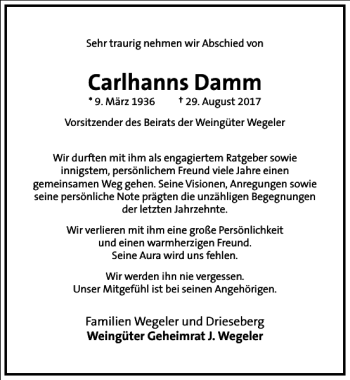 Traueranzeige von Carlhanns Damm von Frankfurter Allgemeine Zeitung