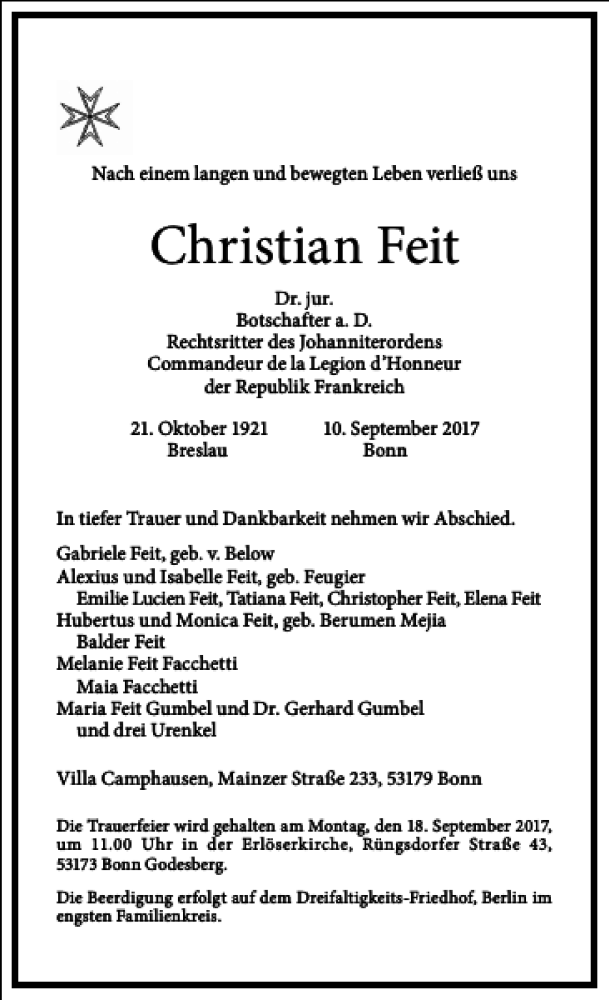  Traueranzeige für Christian Feit vom 16.09.2017 aus Frankfurter Allgemeine Zeitung