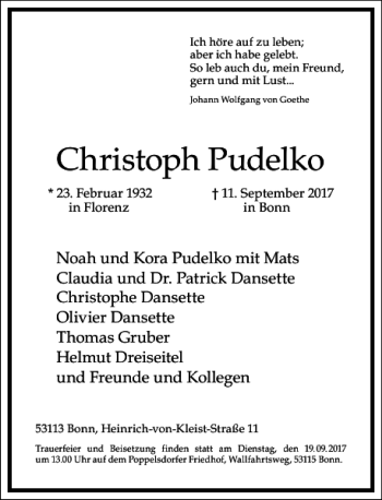 Traueranzeige von Christoph Pudelko von Frankfurter Allgemeine Zeitung