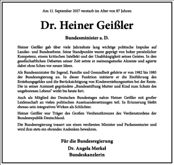 Traueranzeige von Dr. Heiner Geißler von Frankfurter Allgemeine Zeitung
