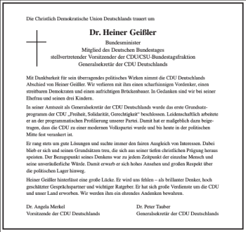 Traueranzeige von Dr. Heiner Geißler von Frankfurter Allgemeine Zeitung