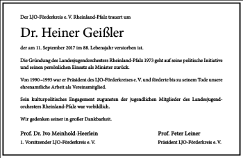 Traueranzeige von Dr. Heiner Geißler von Frankfurter Allgemeine Zeitung