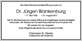 Traueranzeige von Dr. Jürgen Blankenburg von Frankfurter Allgemeine Zeitung