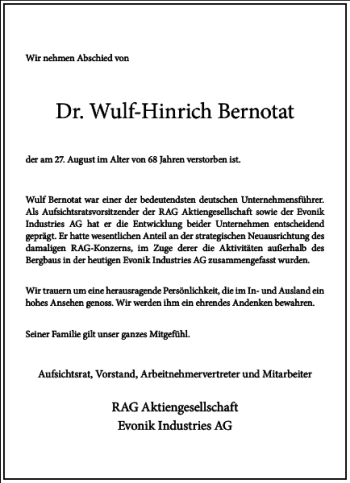 Traueranzeige von Dr. Wulf-Hinrich Bernotat von Frankfurter Allgemeine Zeitung