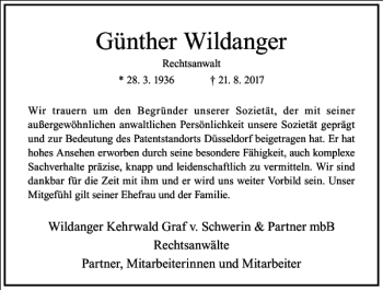 Traueranzeige von Günther Wildanger von Frankfurter Allgemeine Zeitung