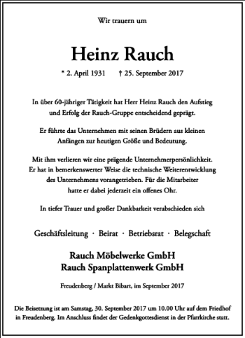 Traueranzeige von Heinz Rauch von Frankfurter Allgemeine Zeitung