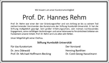 Traueranzeige von Prof. Dr. Hannes Rehm von Frankfurter Allgemeine Zeitung