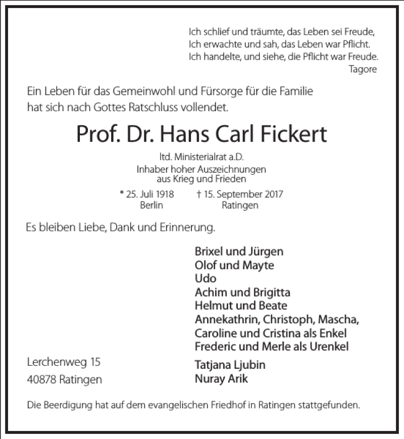  Traueranzeige für Prof. Dr. Hans Carl Fickert vom 23.09.2017 aus Frankfurter Allgemeine Zeitung