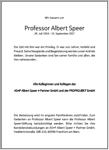 Traueranzeige von Professor Albert Speer von Frankfurter Allgemeine Zeitung