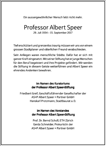 Traueranzeige von Professor Albert Speer von Frankfurter Allgemeine Zeitung